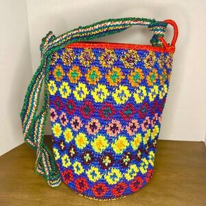 NEW Boho Multicolor Bucket Bag Woven Sun Bottom Adjustable Strap Bohemian